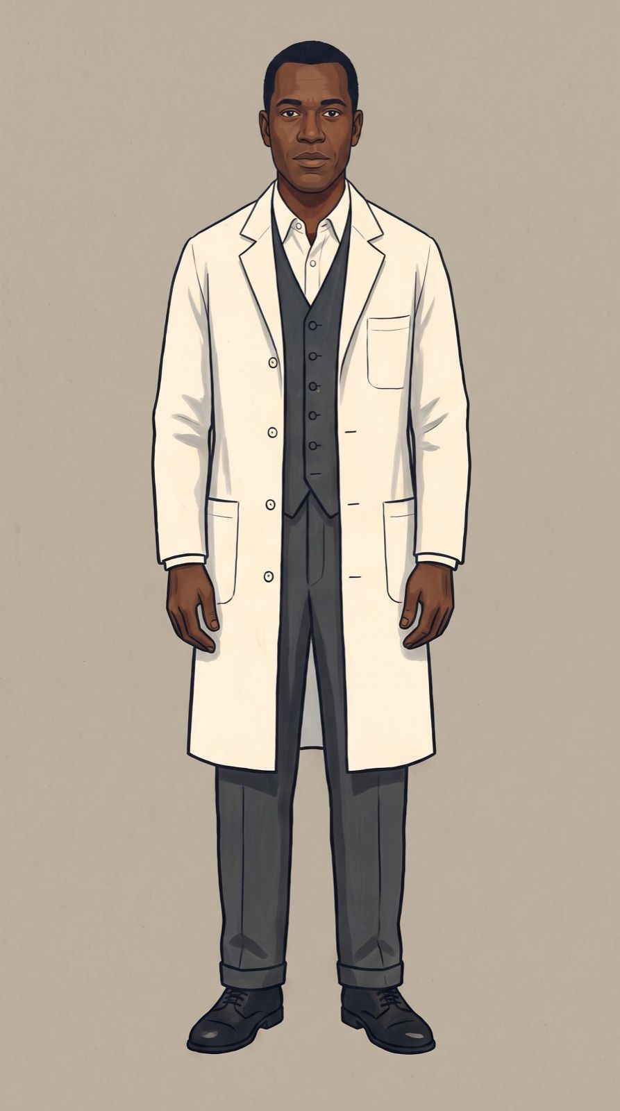 Suspect 4, Dr. Kwame Boateng: a painted full-length portrait.